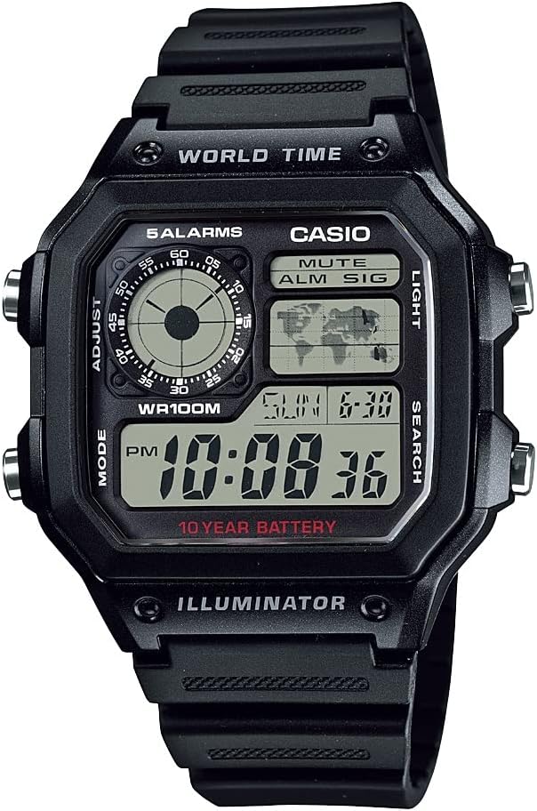 Casio AE1200WH 시리즈 | 남성용 디지털 시계 | 100M WR | 멀티 알람 | 100 SEC 스톱워치 | 카운트다운 타이머 | 월드맵 | LED 라이트 | LC 아날로그 디스플레이 | 10년 배터리