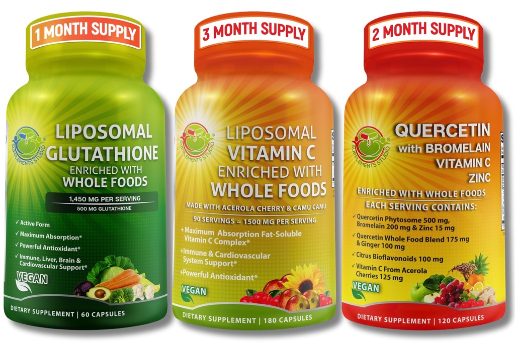 SUPPLEMENTS STUDIO 높은 흡수 산화 방지제 & 면역 지원 번들 – Liposomal 비타민 C 1500mg + 글루타티온 500mg + Bromelain, 아연 및 전체 식품 혼합과 Quercetin – 비 GMO 캡슐