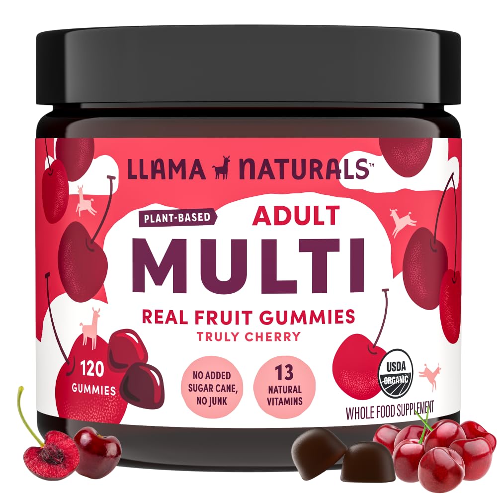 Llama Naturals Multivitamin for Women and Men, Vegan, 비타민 D, C 및 K, 성인 Real Fruit Gummy Vitamins, Chewable Multivitamin 보충교재, 추가 설탕 지팡이, 체리, 120 Ct
