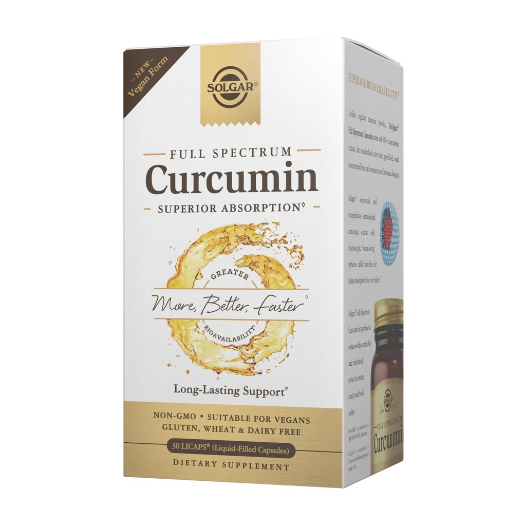 Solgar Full Spectrum Curcumin - 30 LiCaps - 뛰어난 흡수 - 두뇌, 관절 및 면역 건강 - Vegan, Gluten Free, Non-GMO, Dairy Free - 30 서빙
