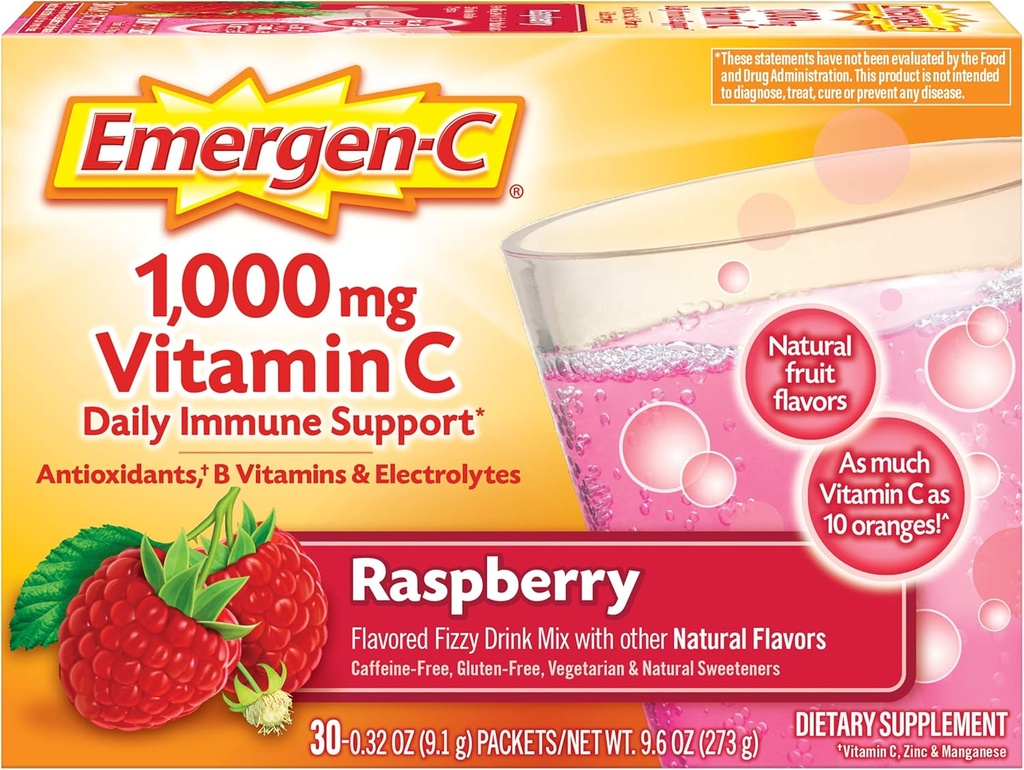 Emergen-C 1000mg 비타민 C 분말, 산화 방지제, B 비타민 및 전해질, 면역성이 Immune 지원, 카페인 무료 Fizzy 음료 혼합, 라즈베리 맛 - 30 카운트 / 1 개월 공급