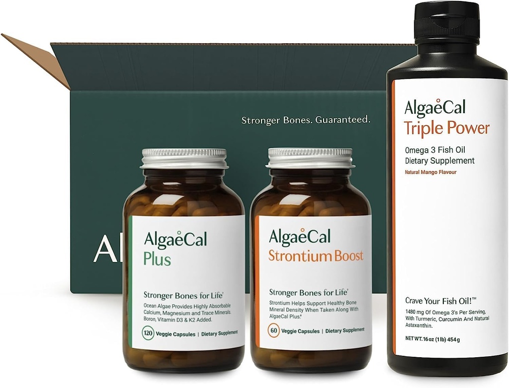 ALGAECAL 웰컴 키트 - 뼈 빌더 팩, 식물 기반 칼슘 보충 및 스 트론튬, 뼈 건강 + EPA 및 DHA 오메가 3 물고기 오일, 지원 뇌, 심장, 피부 & 뼈, 미국에서 만든