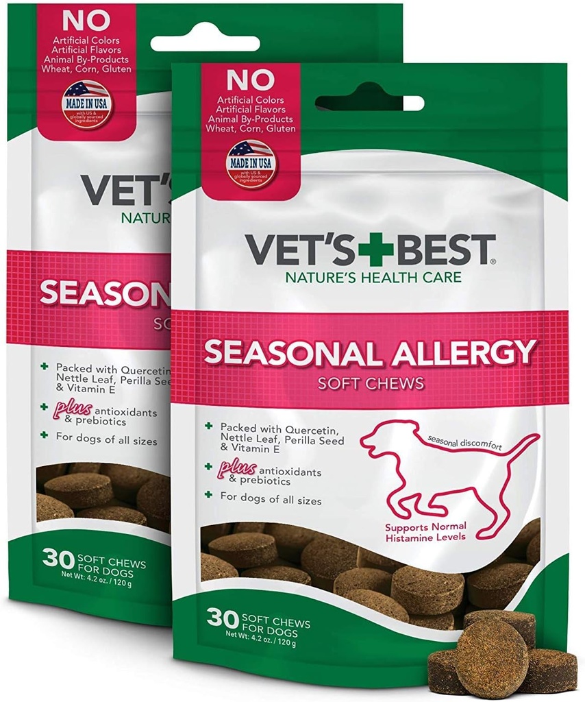 Vet's Best Seasonal Allergy Soft Chew Dog Supplements | 시즌 알레르기로 인한 피부 자극 | Histamine Levels 유지 | 50 Chewable Tablets, 30 Count (Pack of 2)