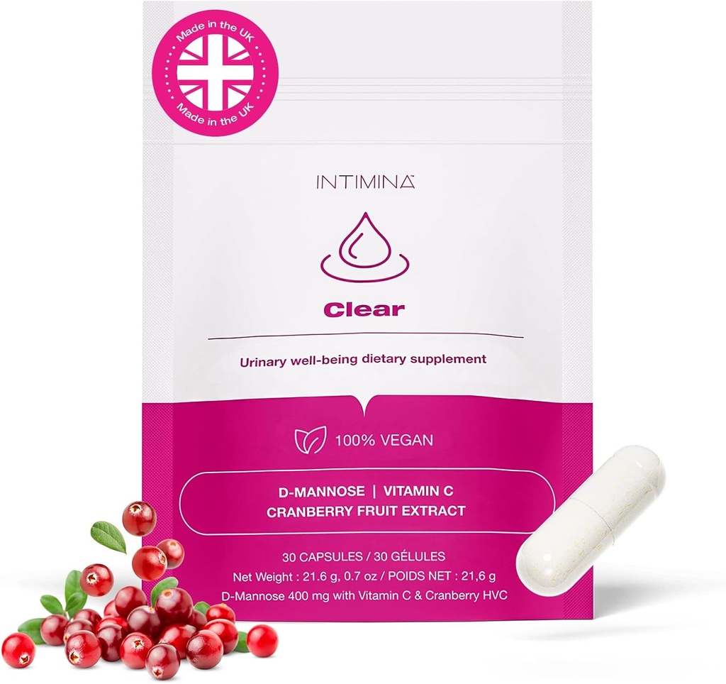 INTIMINA Clear - Cranberry Extract, D-mannose & Vitamin C for UTI Prevention and Bladder Wellbeing, Bladder Control Supplements, 여성용 블레이더 지원