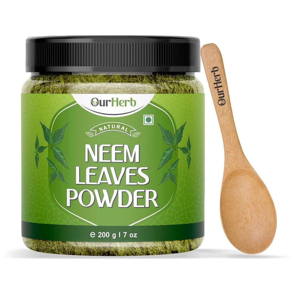 Pure Neem Leaves Powder Natural Solution for Pimple-Free Clear Skin & Silky Hair, 얼굴 팩, 헤어 케어 및 염색 지원 - 나무 Spoon - 200g | 7.04 Oz