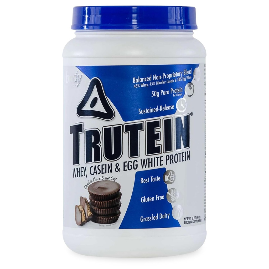 몸 영양 Trutein 높은 단백질 분말: 45% Whey, 45% Casein, 10% 계란 백색, 글루텐 자유로운, 낮은 나트륨, 잔디 먹은 Whey 단백질 분말, 체육관 보충교재 & 아침 Shake, 초콜렛 땅콩 버터, 2lb