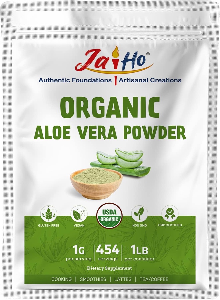 Jai Ho 공인 USDA 유기 알로에 Vera 분말 – 1 LB – 글루텐 프리, 비건, 비 GMO – Resealable Zip 자물쇠 파우치