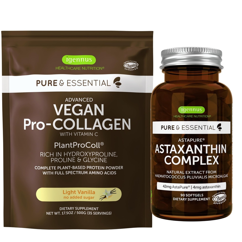 Vegan Vanilla Collagen Protein Powder + Astaxanthin Complex Vegan 번들, Collagen Boosting Formula + Natural 4mg H. Pluvialis Astaxanthin 헤어, 피부 및 손톱, Igennus