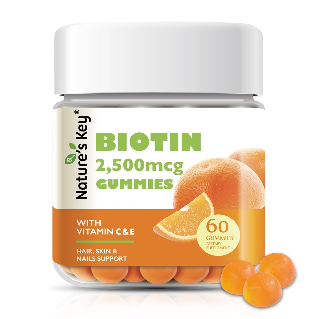 Nature 's Key Biotin Gummies with Vitamin C and E, 지원 헤어는 여성 남성과 어린이, 채식주의, 오렌지 맛 60 카운트에 대한 성장과 아름다운 피부