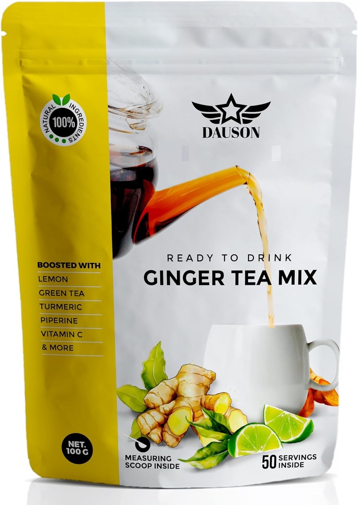 생강 레몬 허브 허브 티 파우더 - Licorice, Turmeric, Decaf Green Tea, 비타민 C와 새로 고침 혼합 - Caffeine-Free, Vegan, Gut-Friendly Detox Tea - 50 서빙