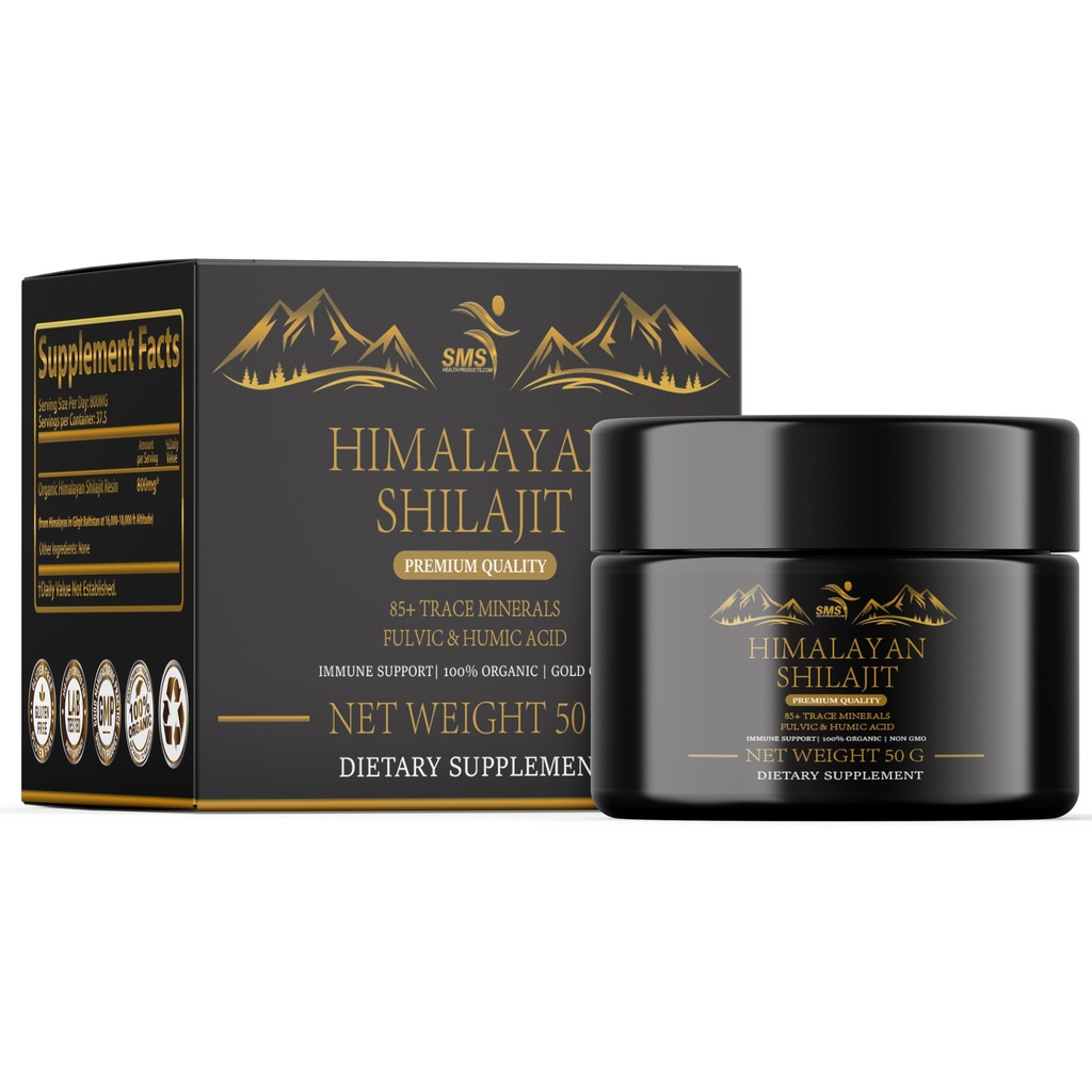 Shilajit 순수 Himalayan Shilajit 수지 - 골드 등급 100 % 순수 Shilajit Fulvic 산 및 85 + 에너지 및 면역 지원을위한 미네랄 복합체 - 50g