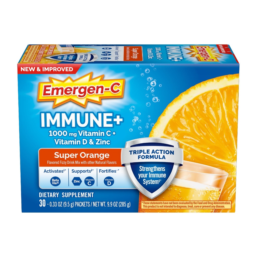Emergen-C Immune+ 트리플 액션 면역 지원 분말, BetaVia (R), 1000mg 비타민 C, B 비타민, 비타민 D 및 산화 방지제, 슈퍼 오렌지, 학교 에센셜 - 30 조사