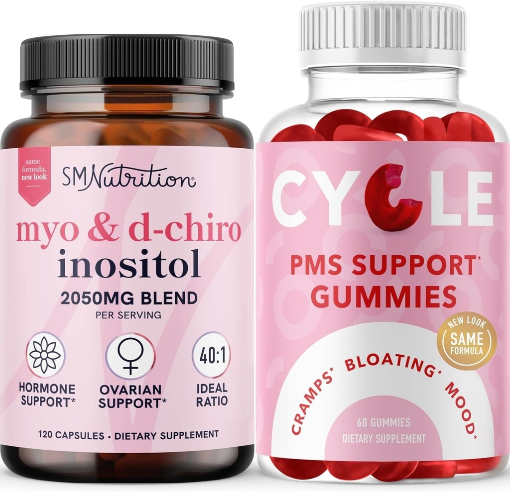 SMNutrition PMS 지원 Gummies & Myo-Inositol & D-Chiro Inositol | 40:1 비율 Inositol 보충 (30 인분)과 허브 사이클 지원 여자 (30 인분)에 대 한 구미