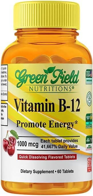 그린 필드 영양 Halal 비타민 B12 1000mcg - 체리 맛 빠른 흡수 60 하위 언어 B12 정제 - 자연 B12 Halal 비타민, 지원 뇌, 혈액 세포 건강 및 에너지 대사