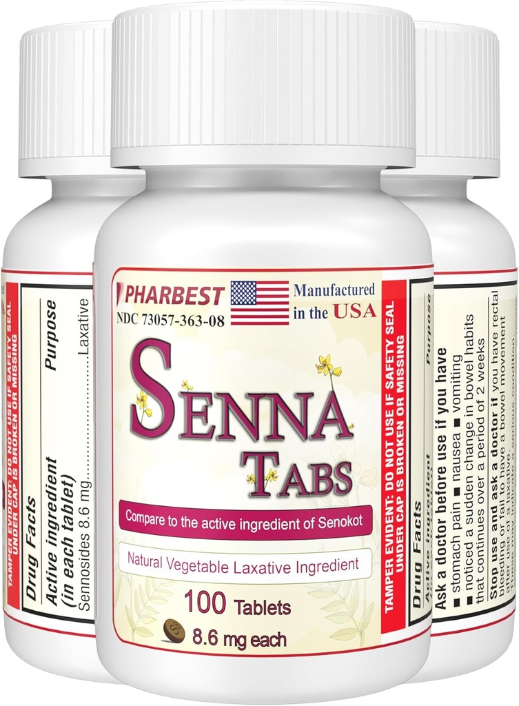 Senna Tablets 100 Ct. | 자연적인 식물성 Laxative [Made in USA] | 변비, Colon Cleanser, Detox Cleanse, 성인용 변비 완화 8.6mg, Stool Softener Plus (1 병)