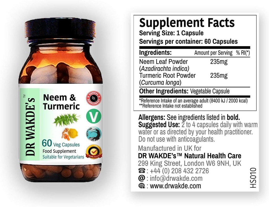 DR WAKDE의 Neem 및 Turmeric 캡슐 | 60 Veg Caps | Ayurvedic Supplement | Vegan | 100 % 초본 | 수량 할인 | 당일치기