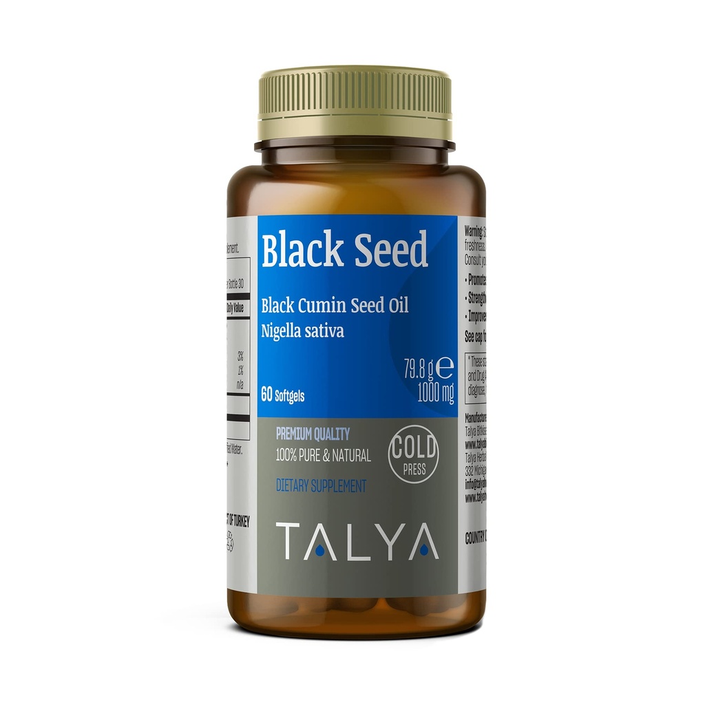 TALYA Black Seed Oil Softgel with High Thymoquinone - 면역 지원 - 소화 건강 - 뇌 기능 - 관절 이동성 - 비 GMO 터키 블랙 Cumin Nigella Sativa Seeds에서 냉각 압력