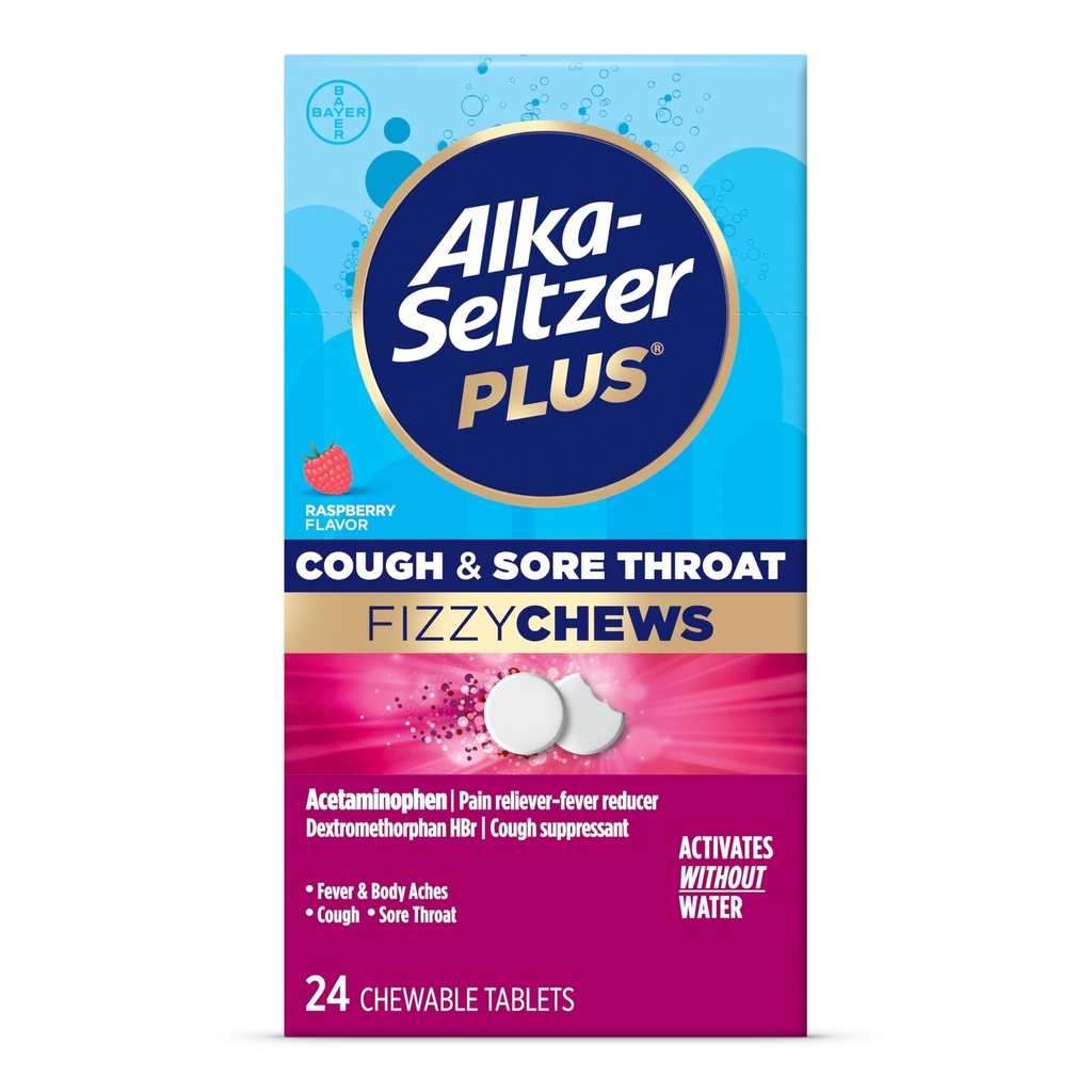 Alka-seltzer Plus Cough & Sore Throat Fizzy Chews, 필요 없음, 성인을위한 Go Sore Throat Relief에, 라즈베리 맛, 24 조사