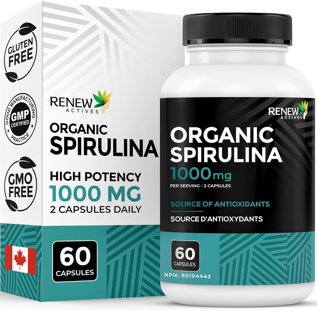 Renew Actives Organic Spirulina 1000MG per 2 Capsules – Superfood for Men & Women – Support Energy, Wellness & Immune Function – Antioxidants & Nutrients – 캐나다에서 만든 60 캡슐