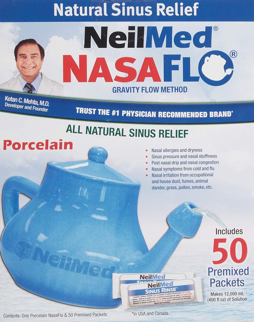 NeilMed Nasaflo Porcelain Neti Pot, 50 개 (포장은 다를 수 있습니다)