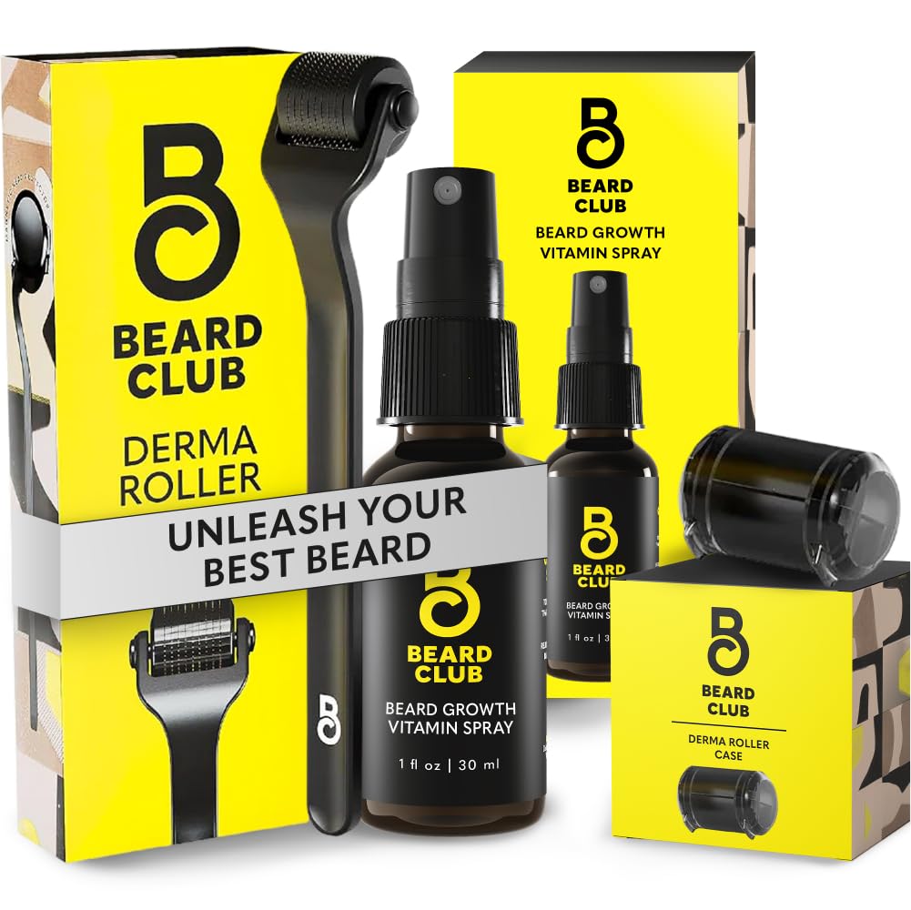 Beard Club Premium Derma Roller & Biotin Beard Growth Vitamin Spray - 540 티타늄 Microneedles가있는 남성과 여성을위한 Microneedle 롤러 - 얼굴, 바디 및 스칼프를위한 Beard Roller & Beard Oil