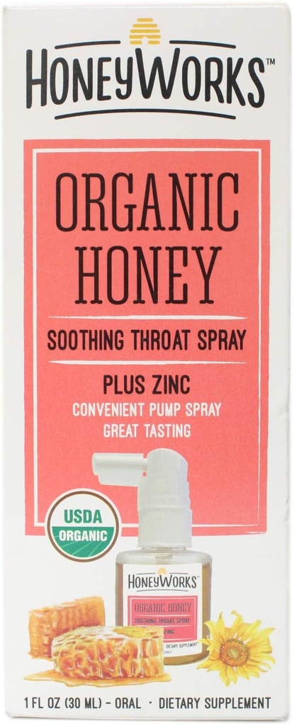 HoneyWorks 성인 스로트 스프레이 소어 스로트 구호, 1 Oz, 소싱 비 GMO USDA 유기 다크 꿀 + 아연, 빠른 인용 구호, 12 년 이상