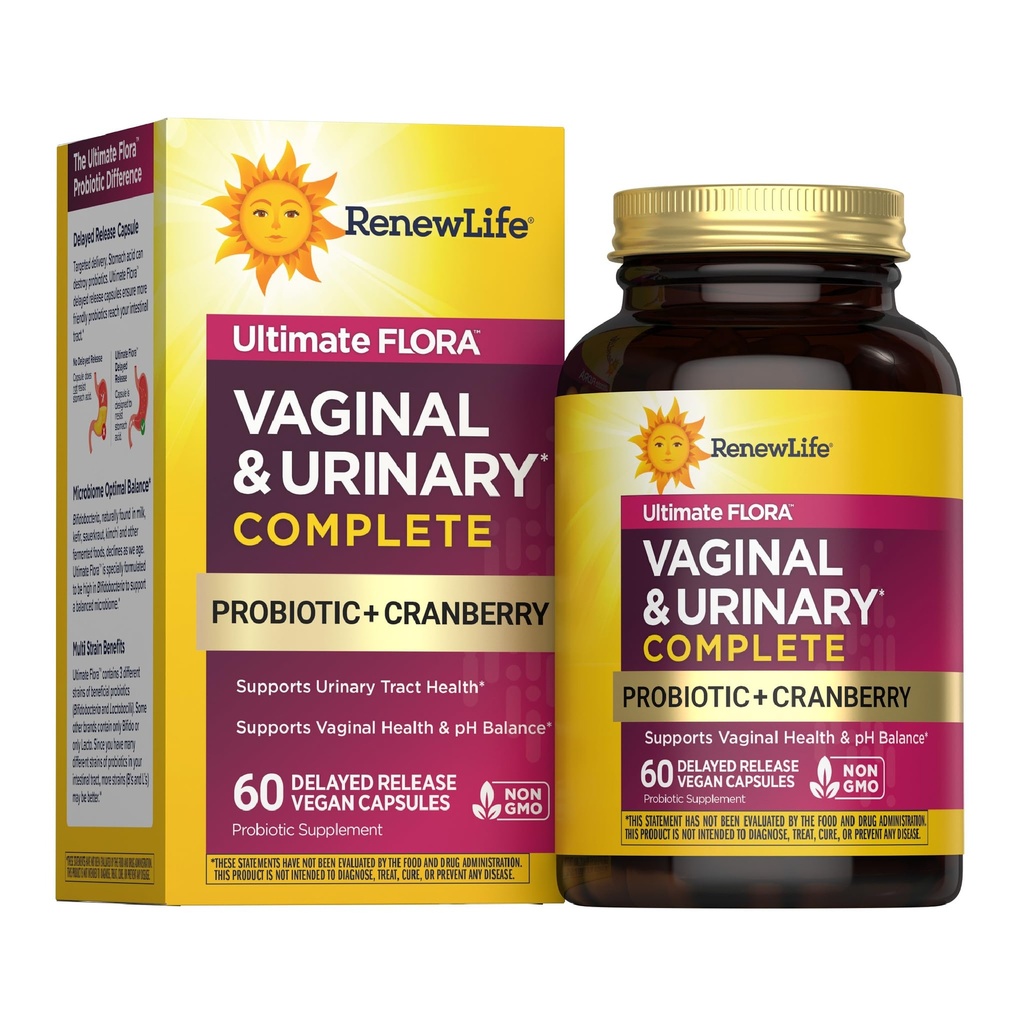 Renew Life Women's Wellness Vaginal and Urinary Probiotic and Cranberry Supplement, 여성을위한 pH 밸런스에 대한 Probiotic 보충, 소화 건강, 낙농, 콩 및 글루텐 프리, 3.5 억 CFU 60 Ct
