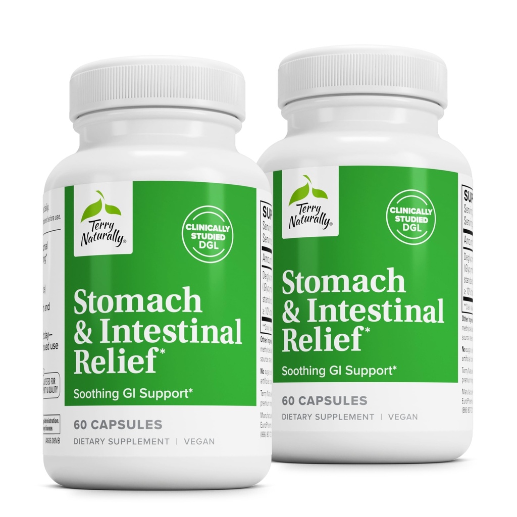 Terry Naturally Stomach & Intestinal Relief - Aid Digestive Health & Intestinal Lining에 보충 - Soothe Stomach에 대한 Occasional Digestive Discomfort에 대한 보조 - 60 캡슐 (2 팩)
