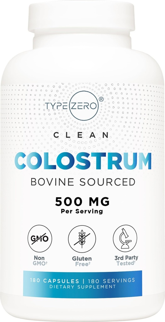 유형 Zero Colostrum 보충 (500mg) 180 캡슐 - Bovine Sourced, Non-GMO, 글루텐 프리
