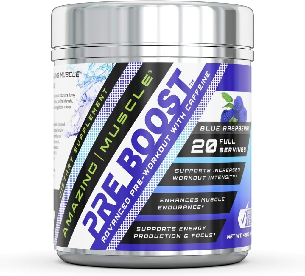 Caffeine Supplement가있는 놀라운 근육 사전 부스트 공식 | 콘테이너 당 20 인분 | 블루 라즈베리 맛