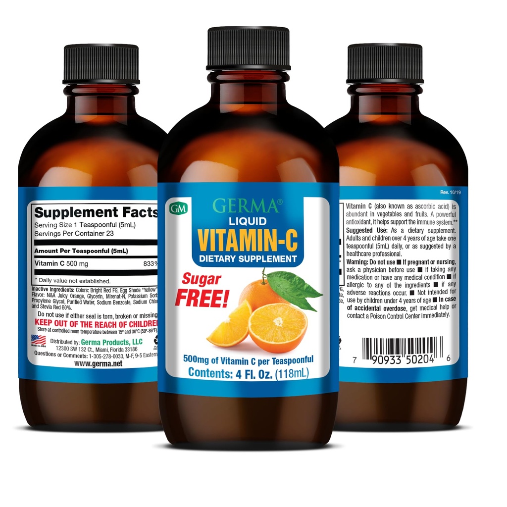 Germa 설탕 자유로운 액체 비타민 C. 500 mg. 빠른 흡수 규정식 보충교재. 면역 체계 승압기. 4개 oz/118ml