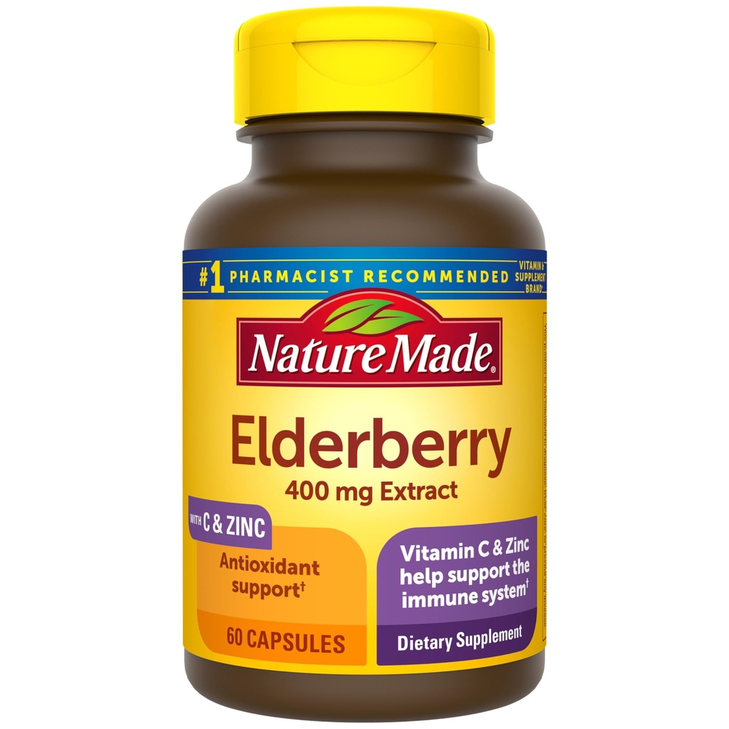 Nature Made Elderberry 400 mg 추출물 비타민 C와 아연, 면역 지원, 60 캡슐, 60 일 공급을 위한 규정식 보충교재