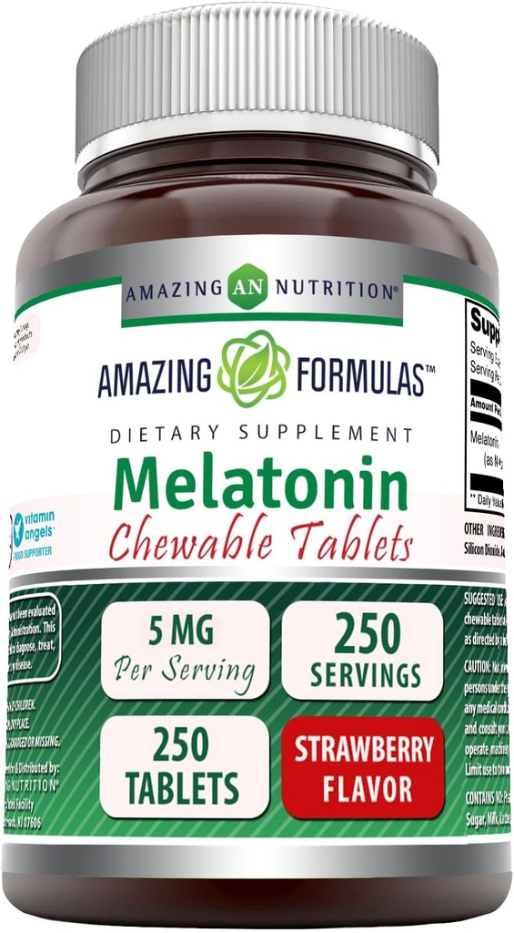 Amazing Formulas Melatonin Chewable Supplement | 5 Mg Per 서빙 | 250 타블렛 | Non-GMO | 글루텐 프리 | 미국 (딸기 맛)