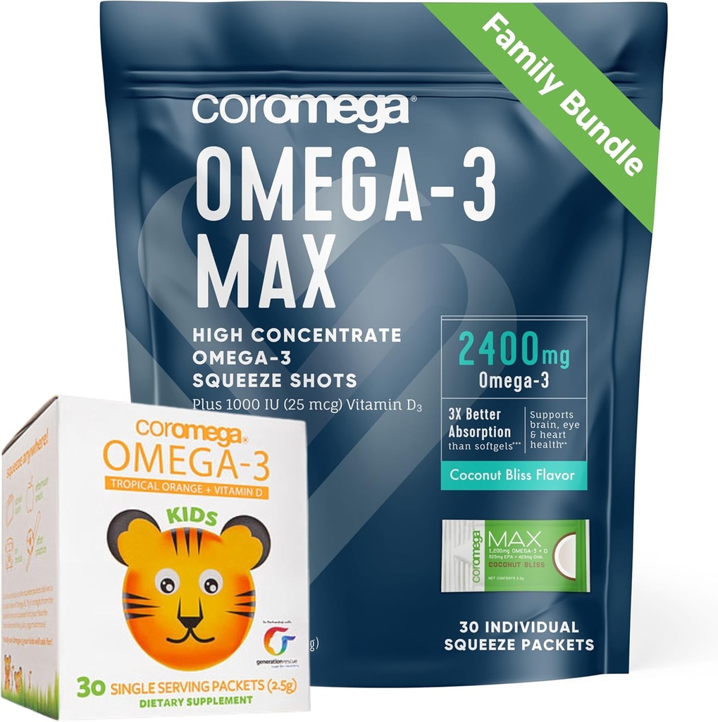 코르메가 가족 뭉치 – 성인 & 아이를 위한 오메가 3 물고기 기름 (60의 Squeeze Packets) 2400mg/650mg Omega-3 + 비타민 D, 3X 알약 보다는 더 많은 흡수 없음, 어유 aftertaste, 야자열매 & 열대 오렌지