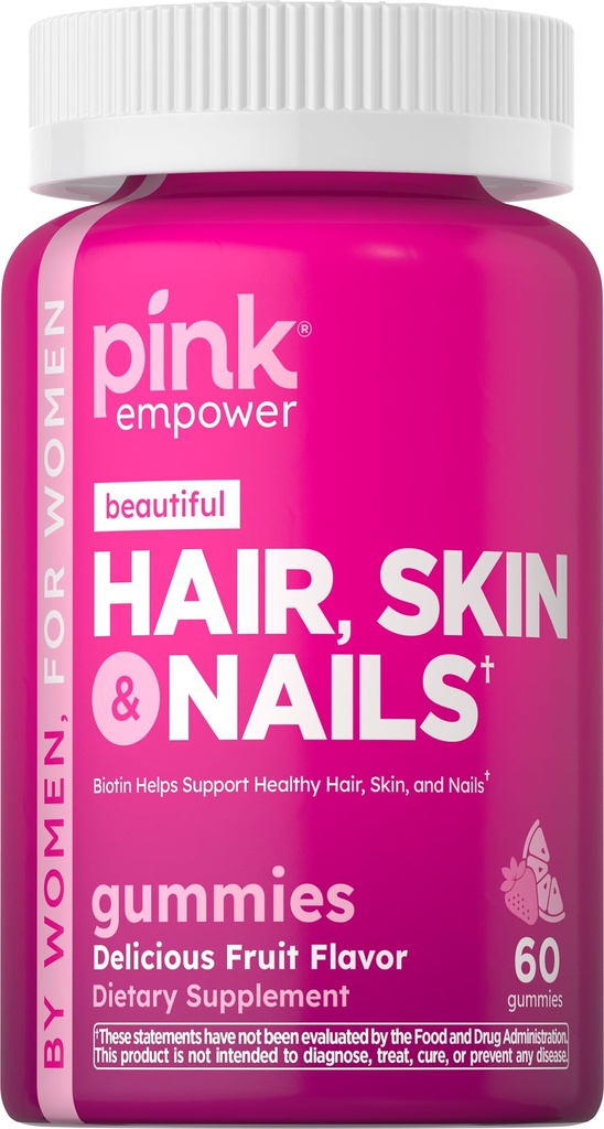 PINK Hair Skin Nails Gummies | 60 Count | Plus Collagen & Biotin | 여성용 비 GMO 및 글루텐 프리 비타민 | 딸기 맛