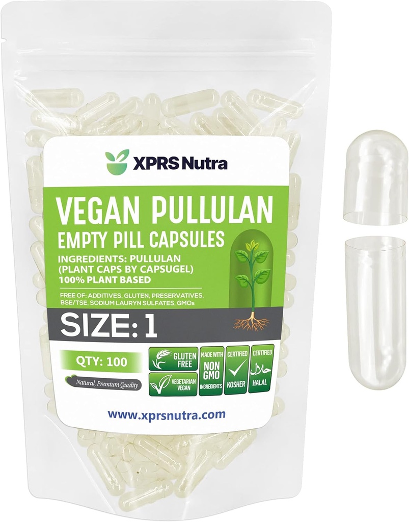 XPRS Nutra 크기 1 Pullulan 빈 캡슐 - 100 Count Clean Label Plantcaps Clear 빈 채식 캡슐 - 프리미엄 채식 알약 - Do-It-Yourself 식물성 캡슐 충전