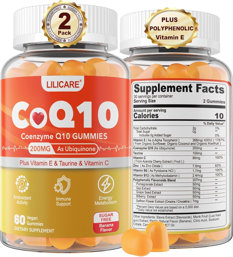 설탕 자유로운 CoQ10 200mg Gummies - Coenzyme Q10 w/Taurine, 비타민 E, C, B6, B12, 아연 - 산화 방지제, 세포질 에너지 & Hear-t 건강을 위한 높은 흡수 이산화탄소 보충교재, Vegan 120 C