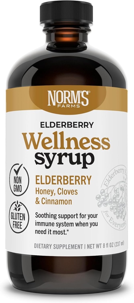 Norm's Farms Wellness Black Elderberry Syrup with Honey, Cinnamon & Cloves - 미국, 자연 면역 지원, 아니 알코올 또는 필러, 글루텐 프리, 비 GMO, 비건, 순수한 Elderberry 주스 시럽 - 8 Oz