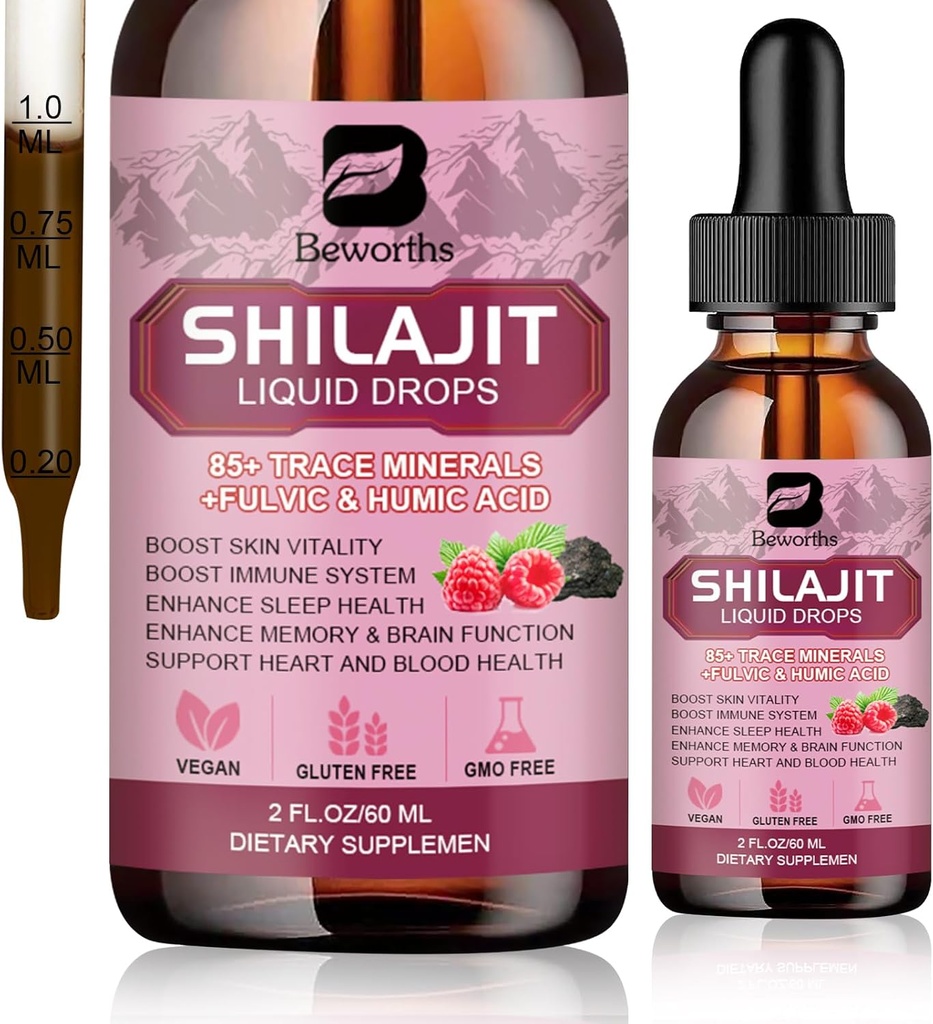 Shilajit 수지 액체 낙하 | 유기 Shilajit 85+ 추적 무기물 단지 Ashwagandha, Turmeric, Ginseng, Digestion Support, Energy Booster - Vegan