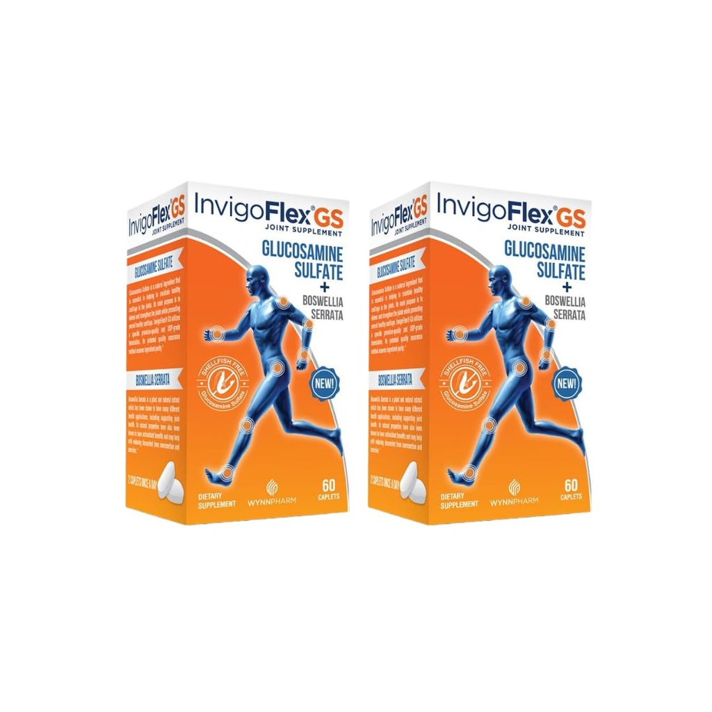 INVIGOFLEX Glucosamine 황산염 (Shellfish Free, Sodium Free & Vegetarian Safe) 비 GMO, 글루텐 무료 - Boswellia Serrata - 프리미엄 공동 보충 GS - 2 팩