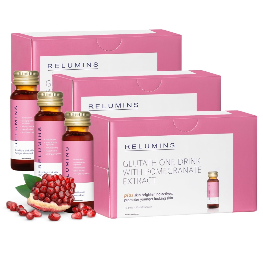 Relumins 글루타티온 하이드로 션 샷 - 포스트 여름 스킨 복구 및 추운 날씨 하이드로 션 - Collagen-Boosting & 미국에서 만든 - 석류 맛 - 30 병 x 50 ml