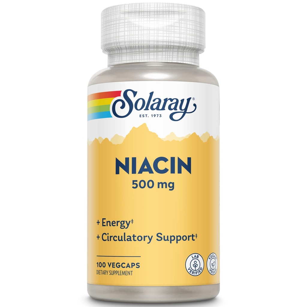 SOLARAY Niacin 500 mg, 비타민 B3 | 피부 건강, 신경 시스템 및 순환 지원 | 100ct