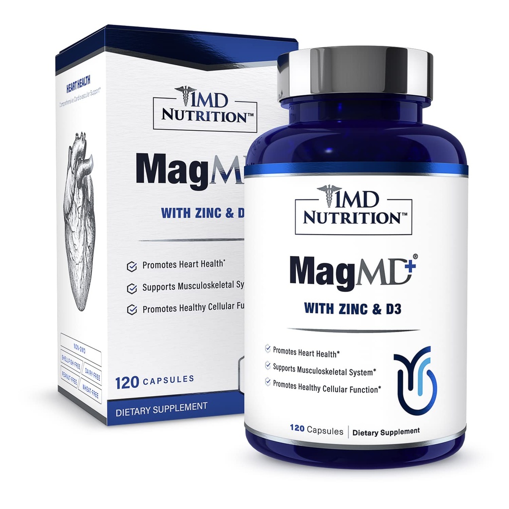 1MD Nutrition MagMD Plus - 아연 및 D3가있는 마그네슘 | 심장 건강, 지원 뼈 및 근육 강도 및 보조 면역 체계 - 120 Ct