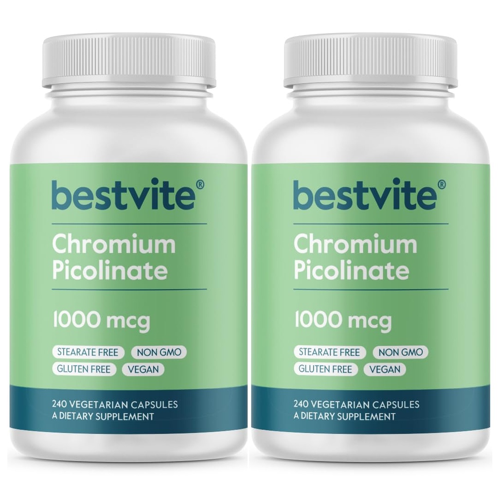 BESTVITE Chromium Picolinate 1000mcg (480 채식 캡슐) (240 x 2) - Stearates 없음 - Dicalcium Phosphate - Vegan - 글루텐 무료 - 비 GMO