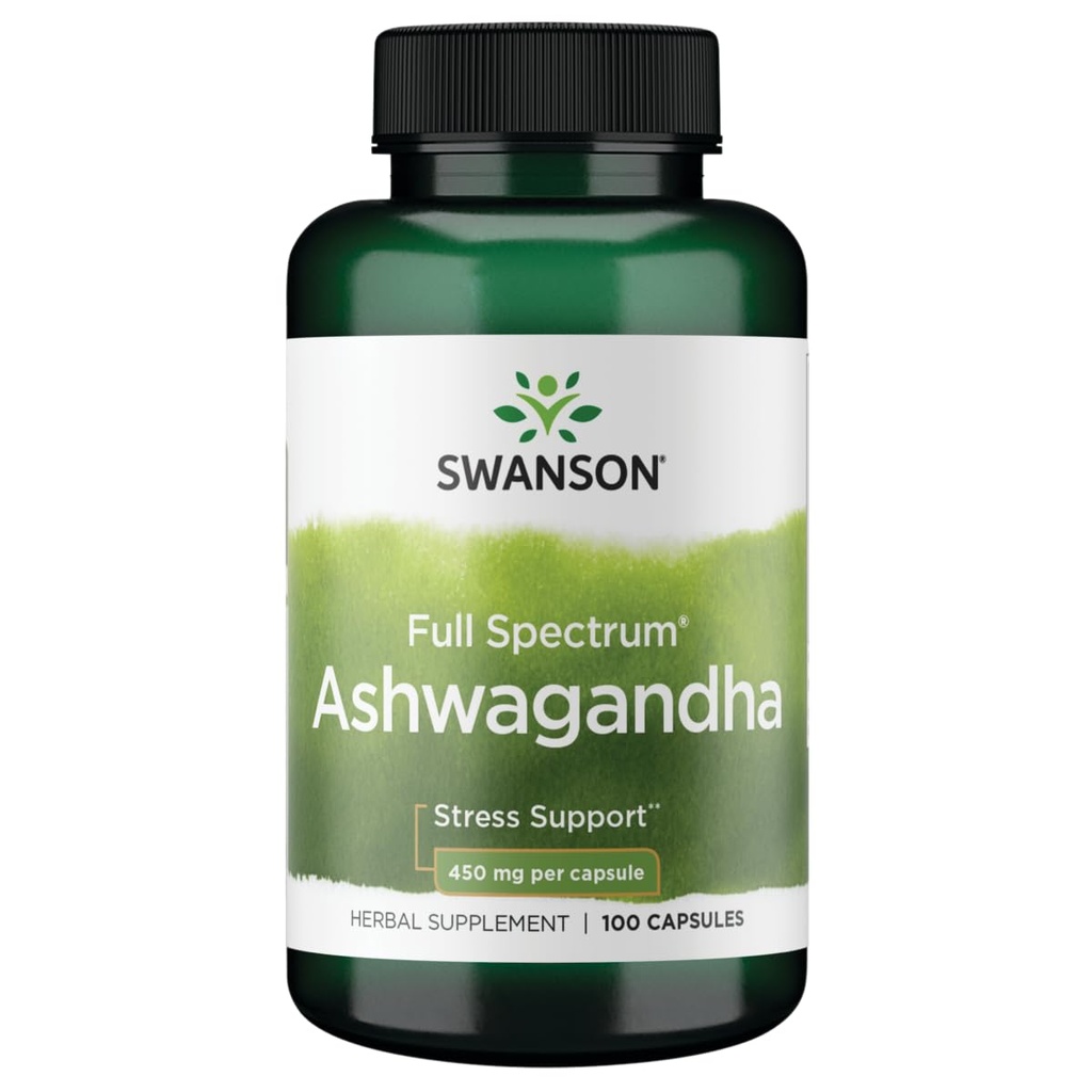 Swanson Ashwagandha 분말 보충 - Ashwagandha 뿌리 및 공중 부품 - 스트레스 완화 및 에너지 촉진 - 자연 웰빙을위한 Ayurvedic 보충 (100 캡슐, 450mg 각각)