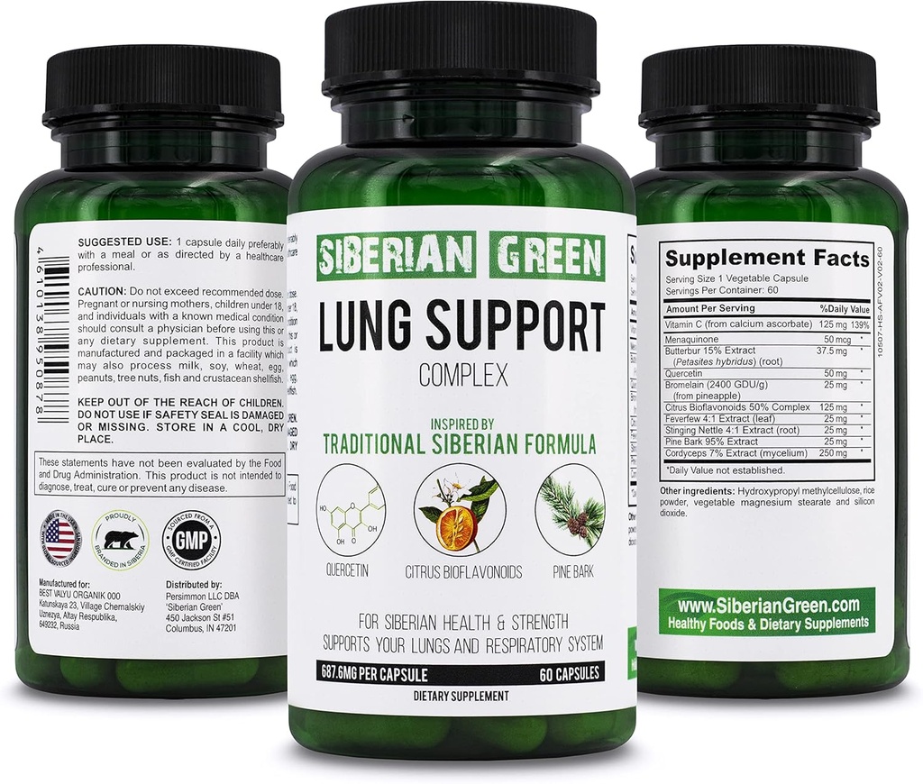 Siberian Green Lung Support Complex 60 캡슐 - Quercetin, Citrus Bioflavonoids, Pine Bark의 전통 공식 보충