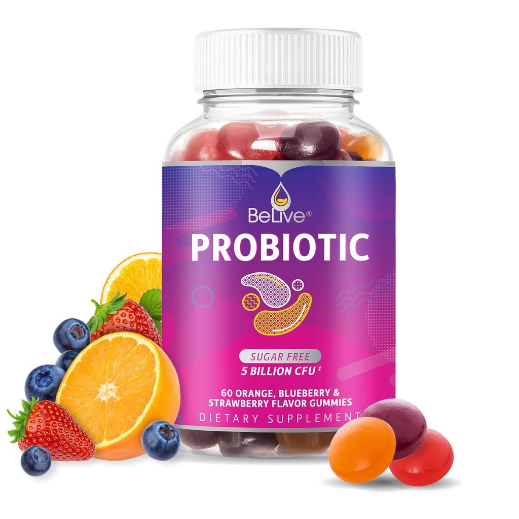 BeLive Probiotic Gummies - 소화 건강, 남성, 여성 및 아동을위한 5 억 CFUs가있는 Probiotics - 면역 지원, 설탕 무료 & Vegan | 60 Ct - 블루 베리, 딸기 & 오렌지