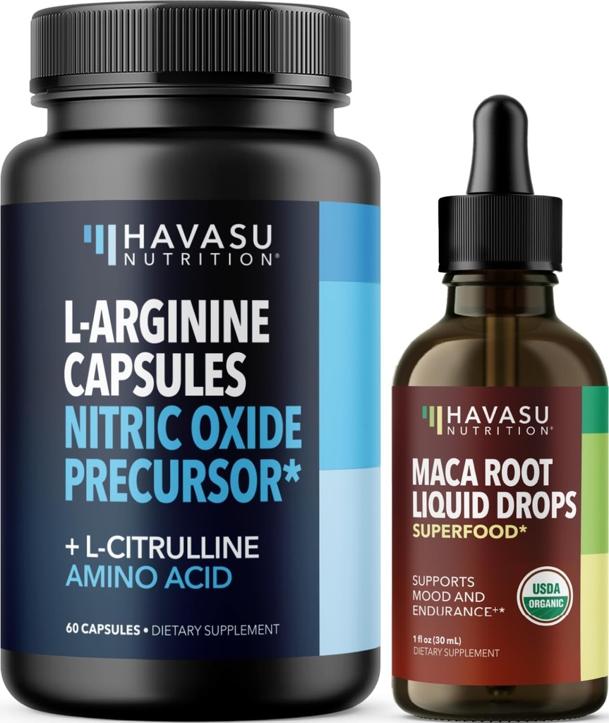 HAVASU NUTRITION 유기 마카 뿌리 액체 드롭 (60 인분) & L 아르기닌 L Citrulline 보충 (30 인분)