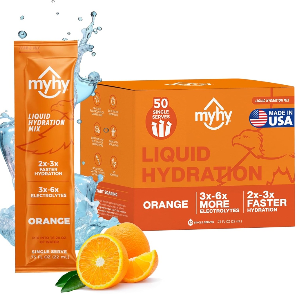 MyHy Liquid Hydration Packets, Electrolyte 음료 혼합 성인 & 아이 Hydration 지원, 여행, 임신, 피트니스, 학사 및 학사 파티를위한 탈수 완화 - 오렌지, 50 카운트
