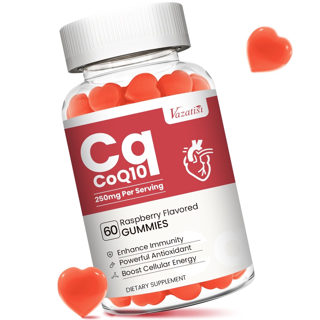 높은 흡수 CoQ10 Gummies 250 mg, 플러스 오메가-3, 비타민 B3 셀룰러 에너지, 뇌 및 산화 방지제, 5X 더 나은 흡수 코엔자임 Q10 보충, 라즈베리 맛 - 60 Cts